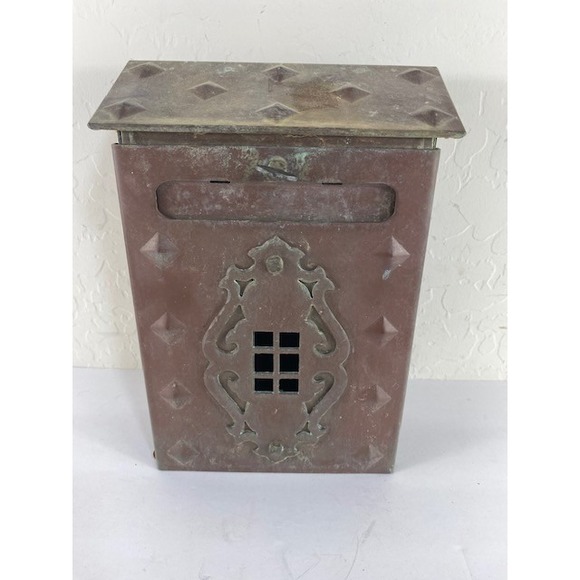 Vtg Antique Copper Wall Mount Mailbox Mission Style Patina Includes Key (Read) - Picture 3 of 12